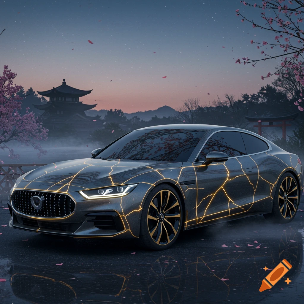 A dark grey car with golden kintsugi-like cracks reflecting on a wet surface, parked in a foggy Japanese garden with a pagoda and cherry blossoms at dusk.