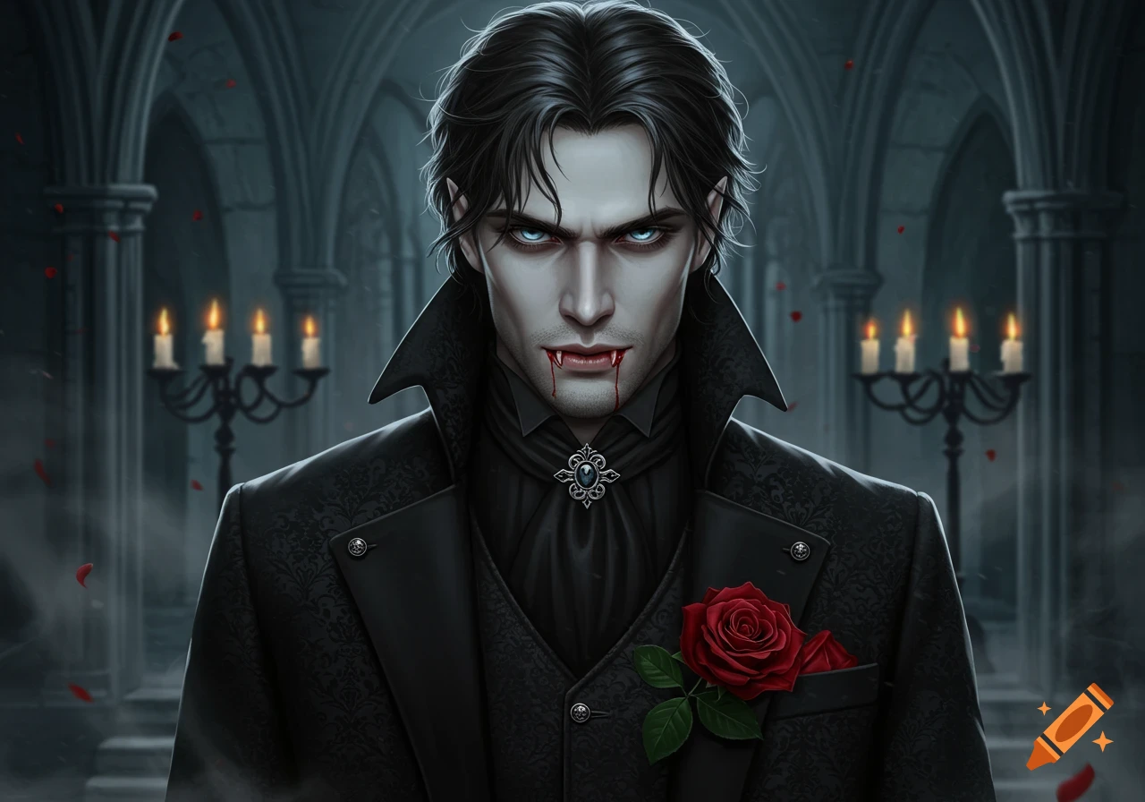 A dark-haired vampire in a black gothic suit with blood on his lips and a red rose, standing in a candlelit hall.