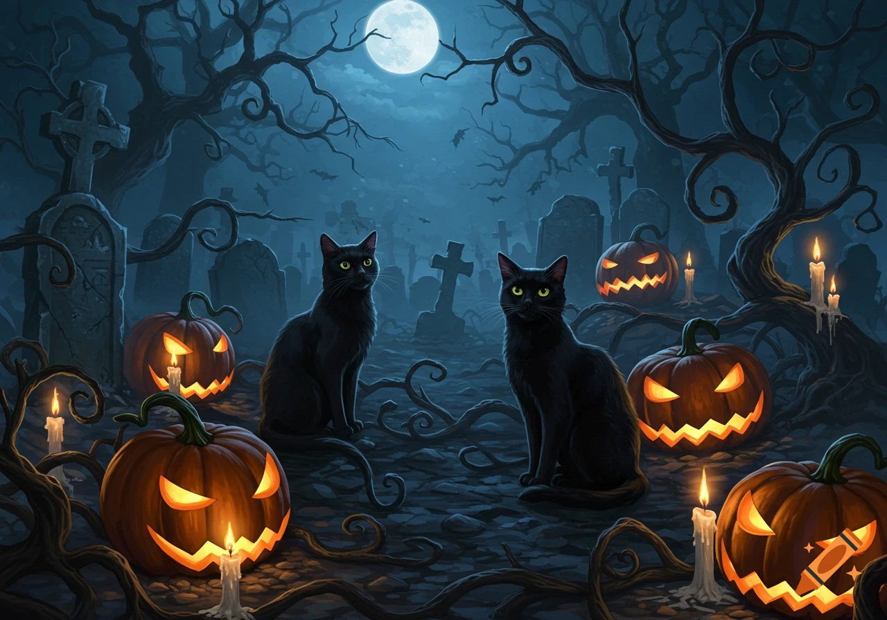 Two black cats sit among glowing jack-o'-lanterns, candles, and gravestones under a full moon in a spooky Halloween scene.