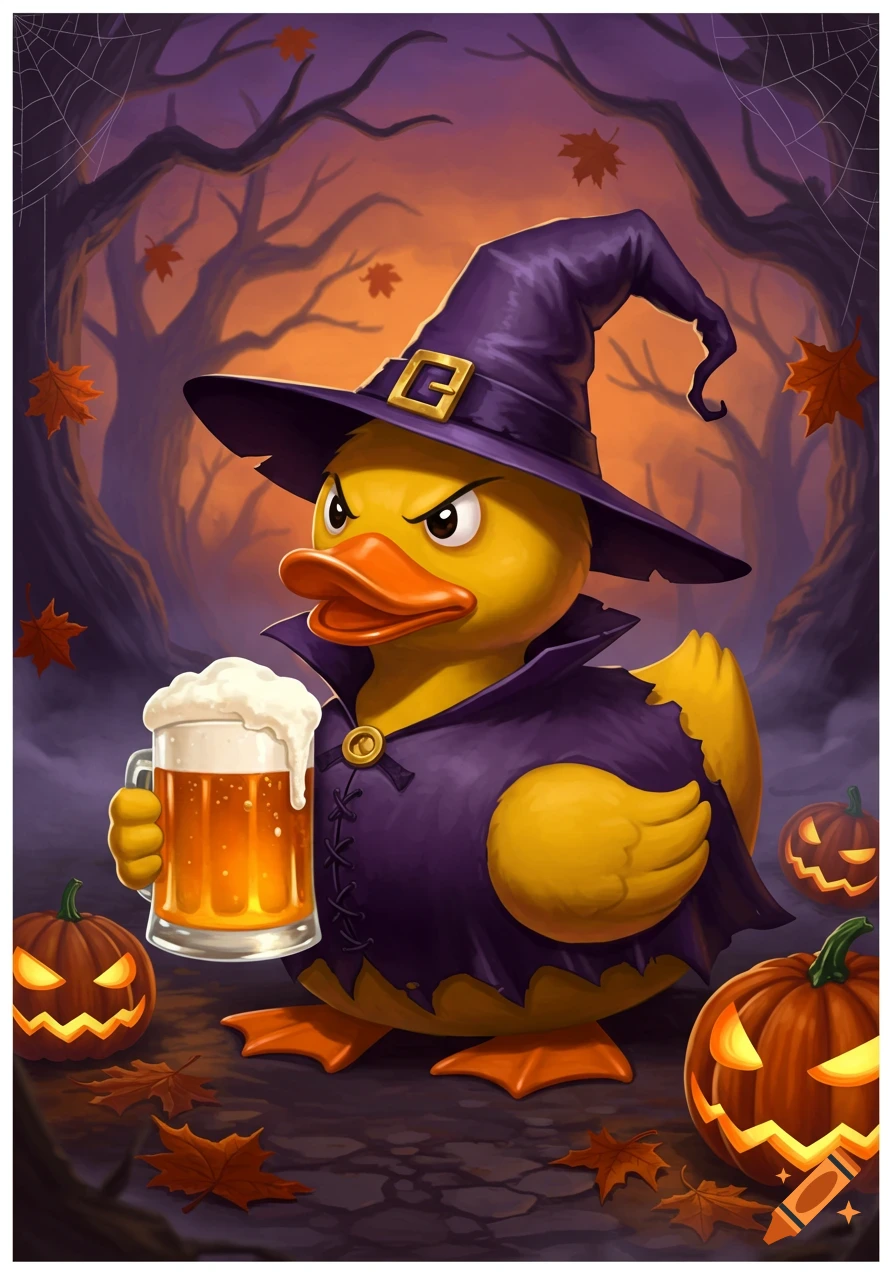Angry cartoon rubber duck in a witch hat and cloak holds a frothy beer mug, surrounded by jack-o'-lanterns and spooky trees for Halloween.