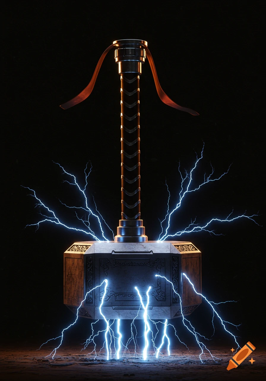 Photorealistic sci-fi hammer resembling Mjolnir, with blue lightning arcing around its head against a dark background.