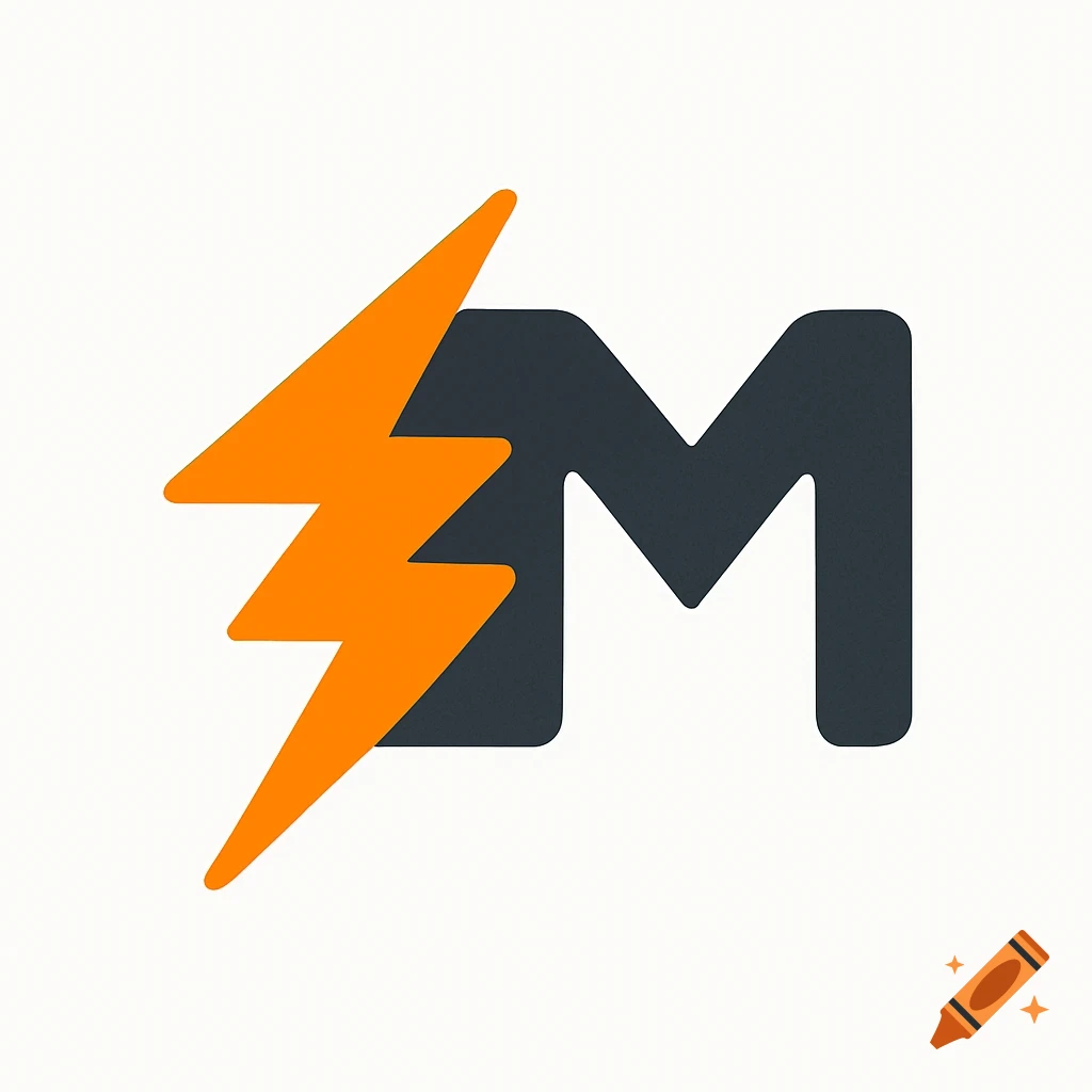 A minimalist logo featuring an orange lightning bolt intertwined with a dark grey letter M on a white background.