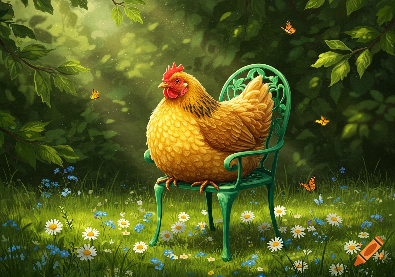 A plump, golden-brown chicken sits on a green garden chair in a sunny, wildflower-filled forest clearing with butterflies.