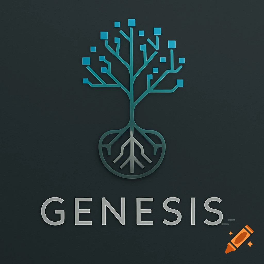 A logo featuring a circuit board tree with blue squares and the text GENESIS below on a dark background.