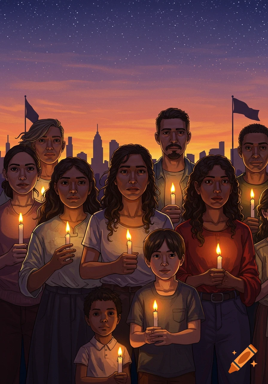 Diverse people and children hold lit candles against a city skyline at sunset under a starry sky, stylized.
