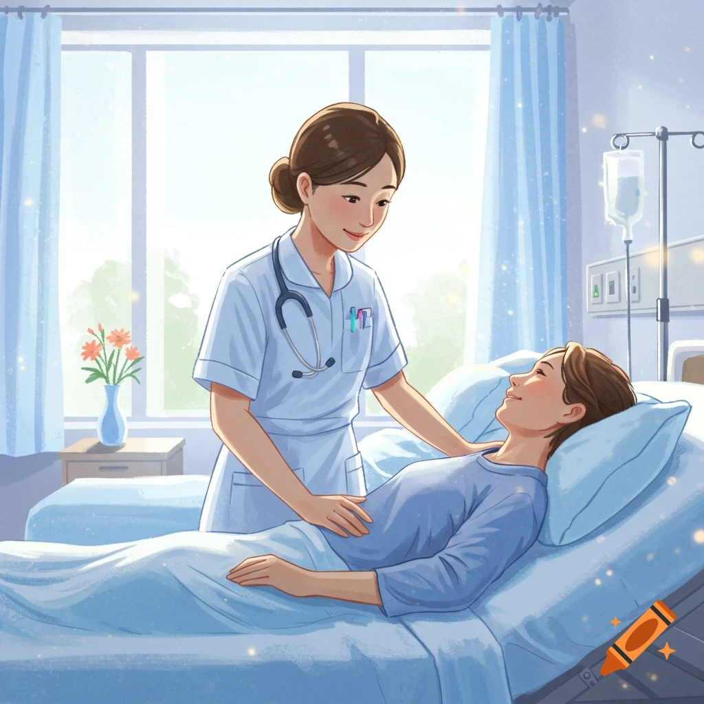 An illustration of a nurse attending to a smiling patient in a hospital room with sunlight.