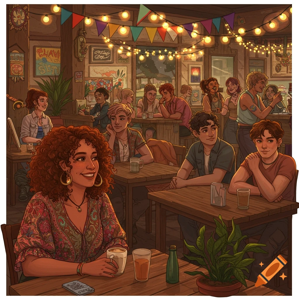 A vibrant illustration of a diverse group of people socializing in a cozy, warmly lit cafe decorated with string lights and bunting.