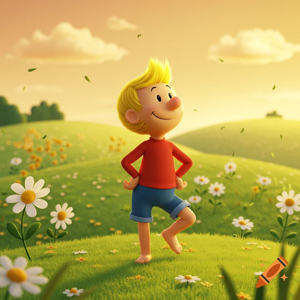 A smiling cartoon boy with spiky blonde hair and a red shirt stands barefoot in a sunny green field with daisies.