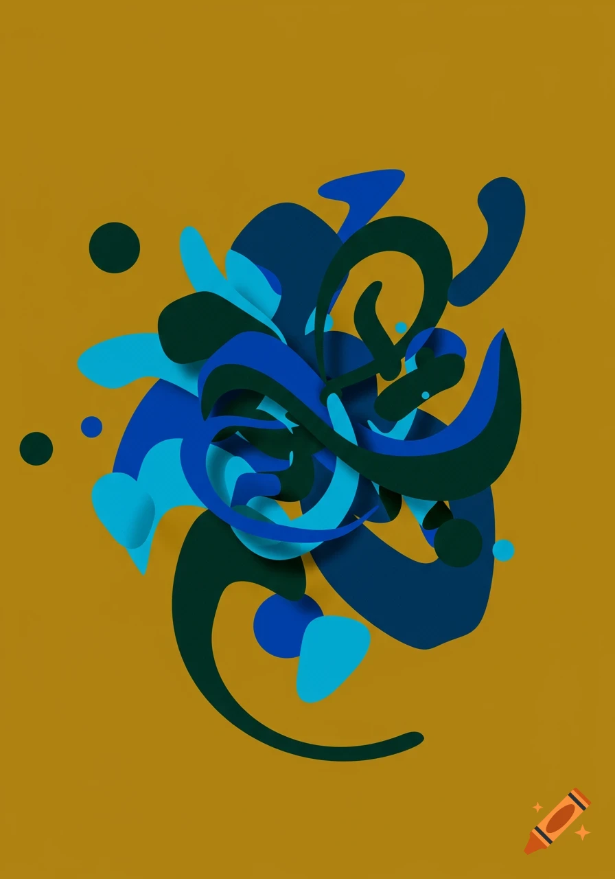 Abstract geometric shapes in shades of blue and green on a mustard yellow background.