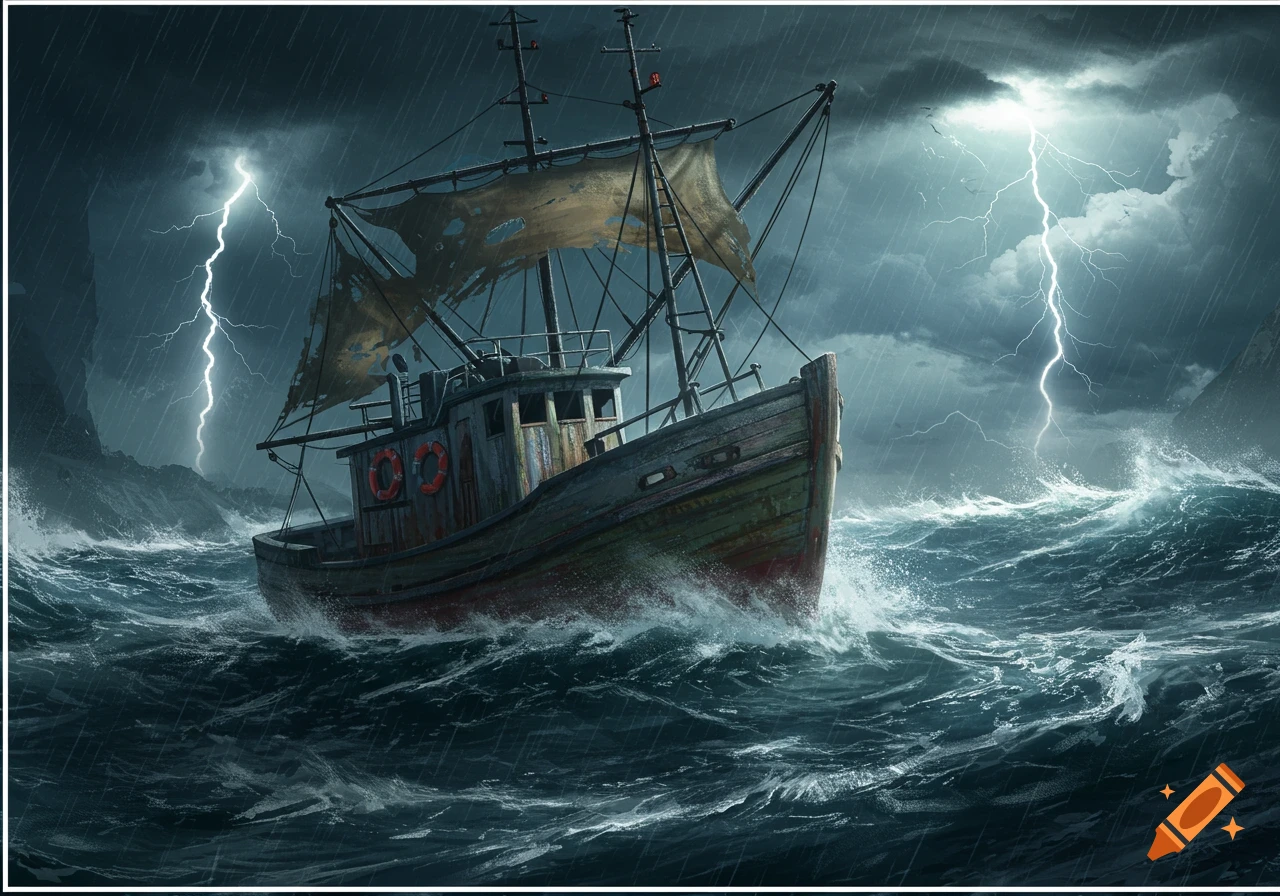 An old fishing sailboat battles rough, stormy seas under a dark, lightning-filled sky in an illustrative style.