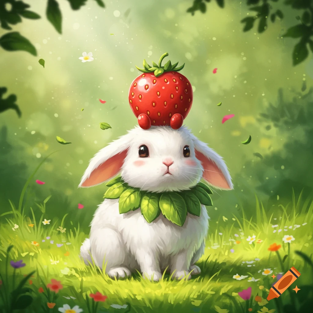 A cute white rabbit with big eyes and a leaf collar sits in a field of flowers, balancing a large red strawberry on its head.