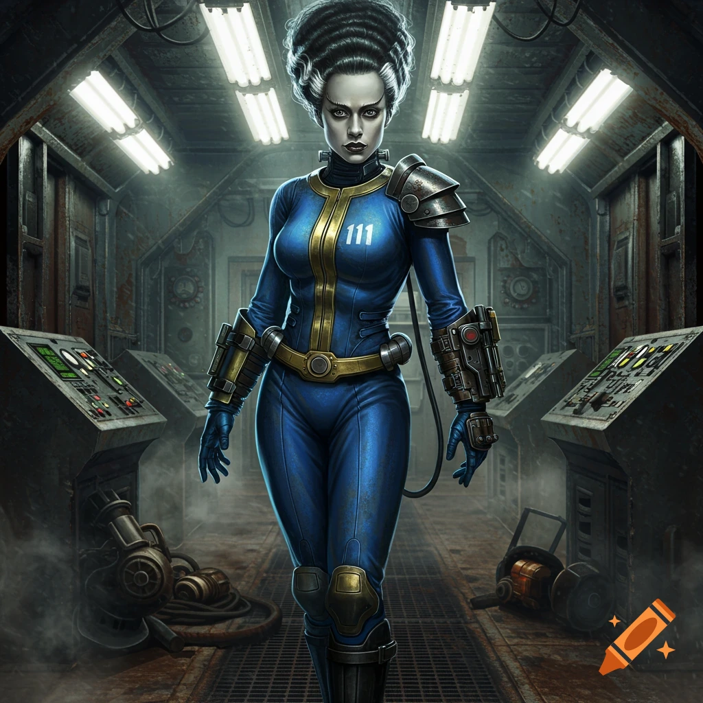 The Bride of Frankenstein in a blue Fallout Vault 111 suit stands in a decaying, dimly lit vault corridor.