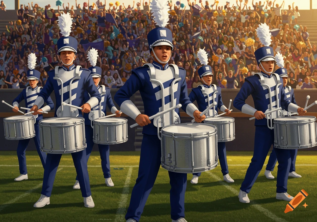 A marching band drumline performs on a football field in blue and white uniforms, playing drums for a cheering stadium crowd.
