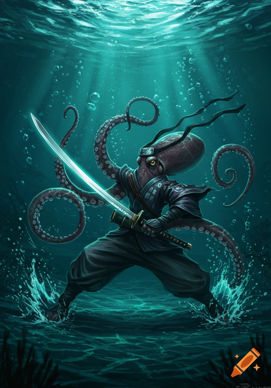 An anthropomorphic ninja octopus in dark robes wields a glowing katana underwater, with bubbles and light rays from the surface.