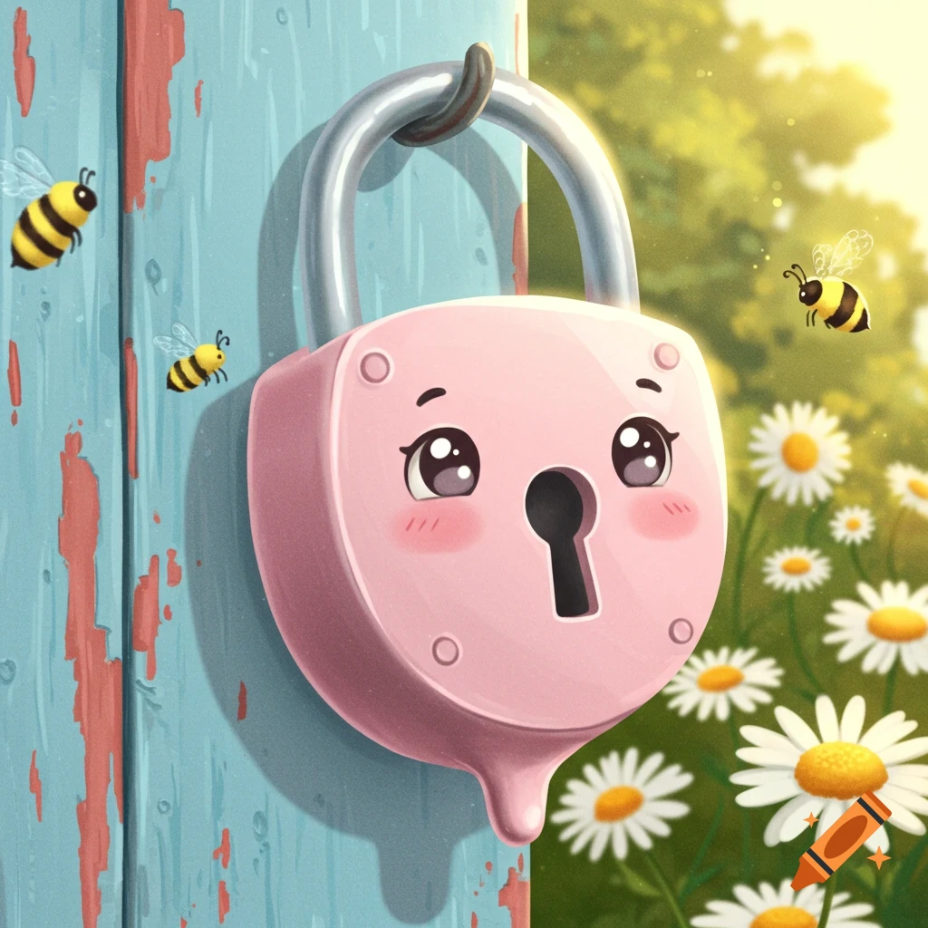 A cute, pink cartoon lock with a face hangs on a blue wooden post, with bees flying and white daisies in a sunny background.