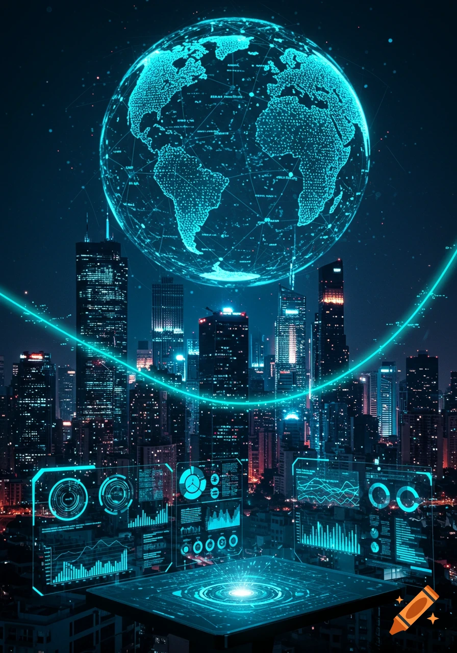 A glowing digital globe floats above a futuristic city with holographic data displays in the foreground.