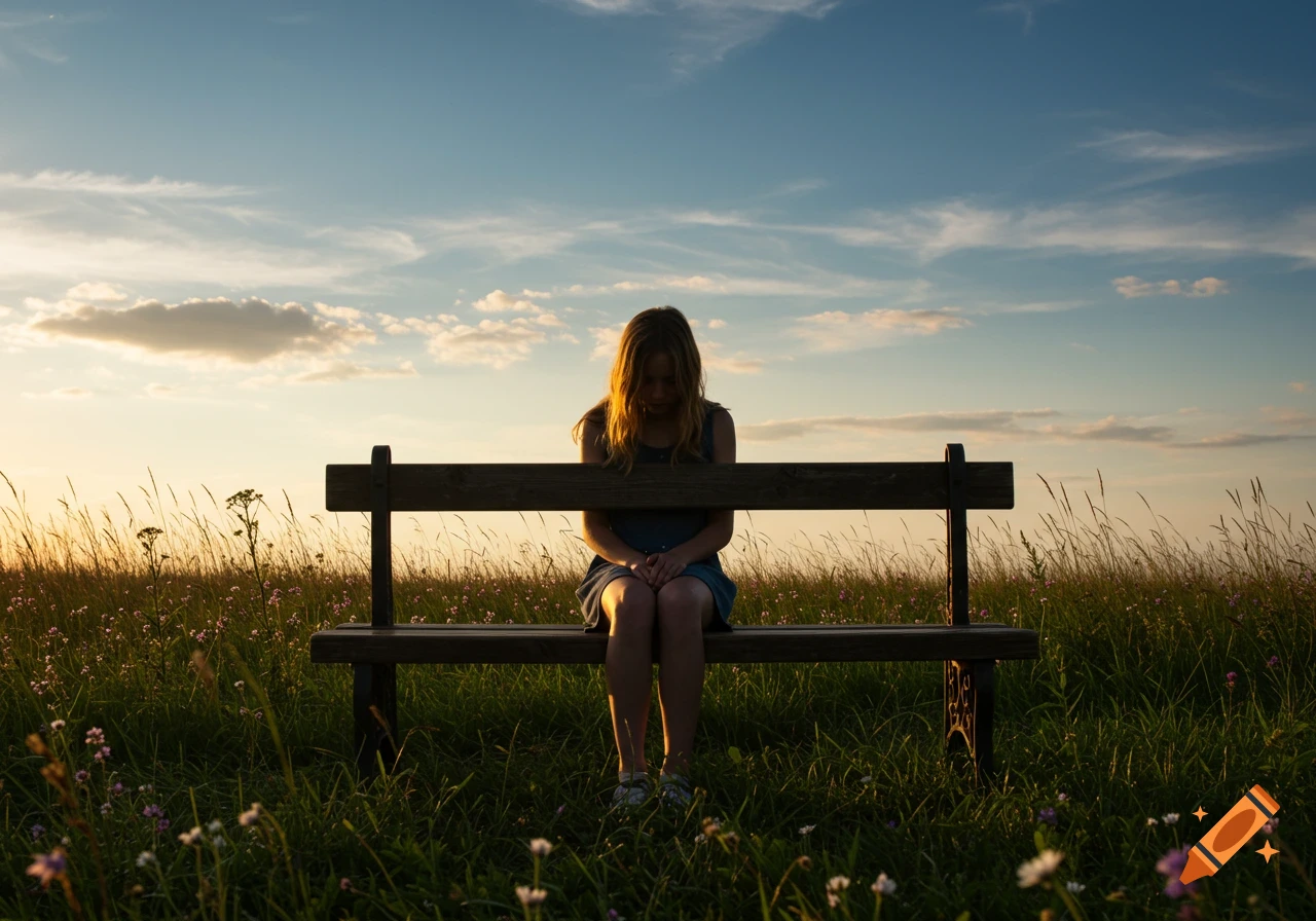 A lone girl with bowed head sits on a bench in a grassy field with wildflowers under a sunset sky, light falling on her hair.