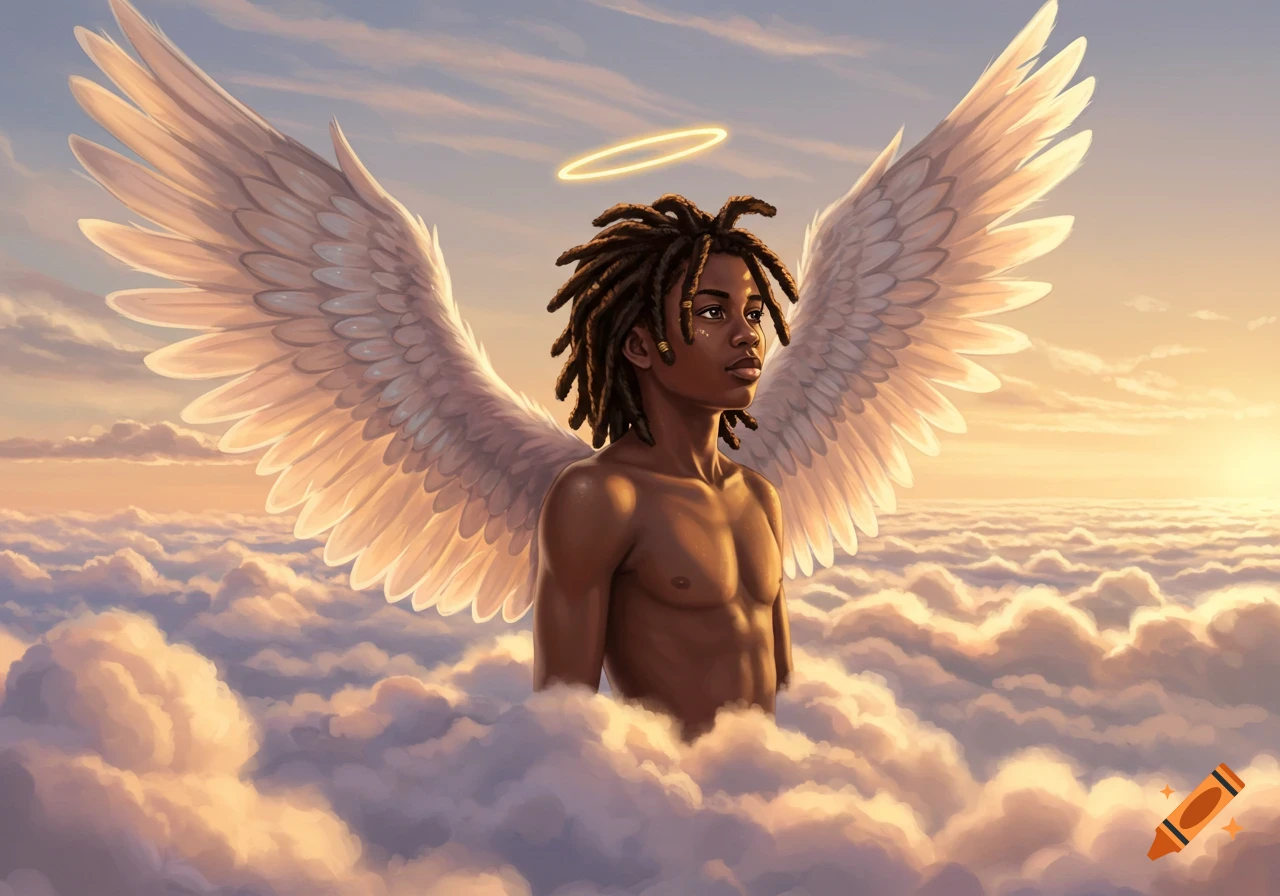 A Black boy angel with dreadlocks and large white wings stands shirtless in clouds under a golden sky.