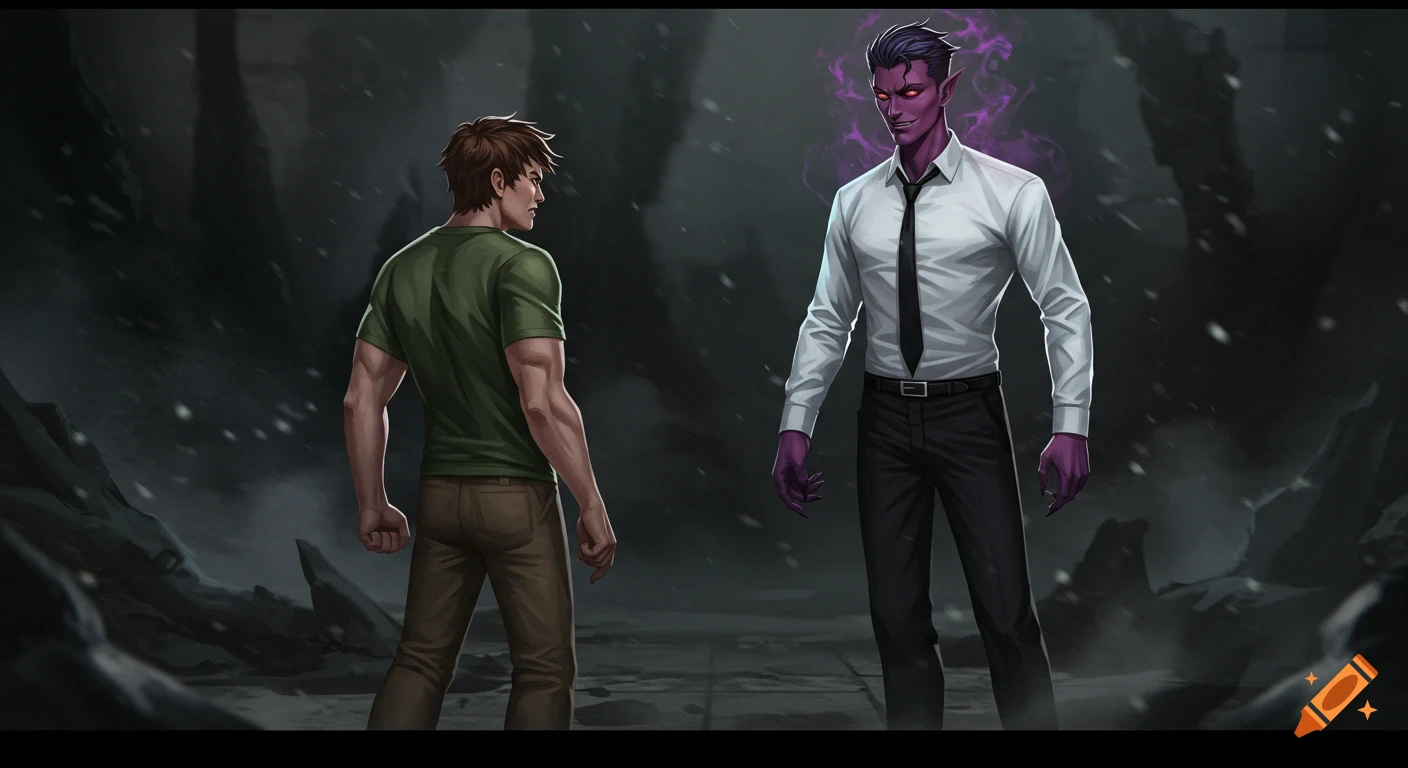 Digital illustration of an angry man in a green t-shirt facing a smirking purple-skinned evil god in a suit, in a dark, rocky landscape.