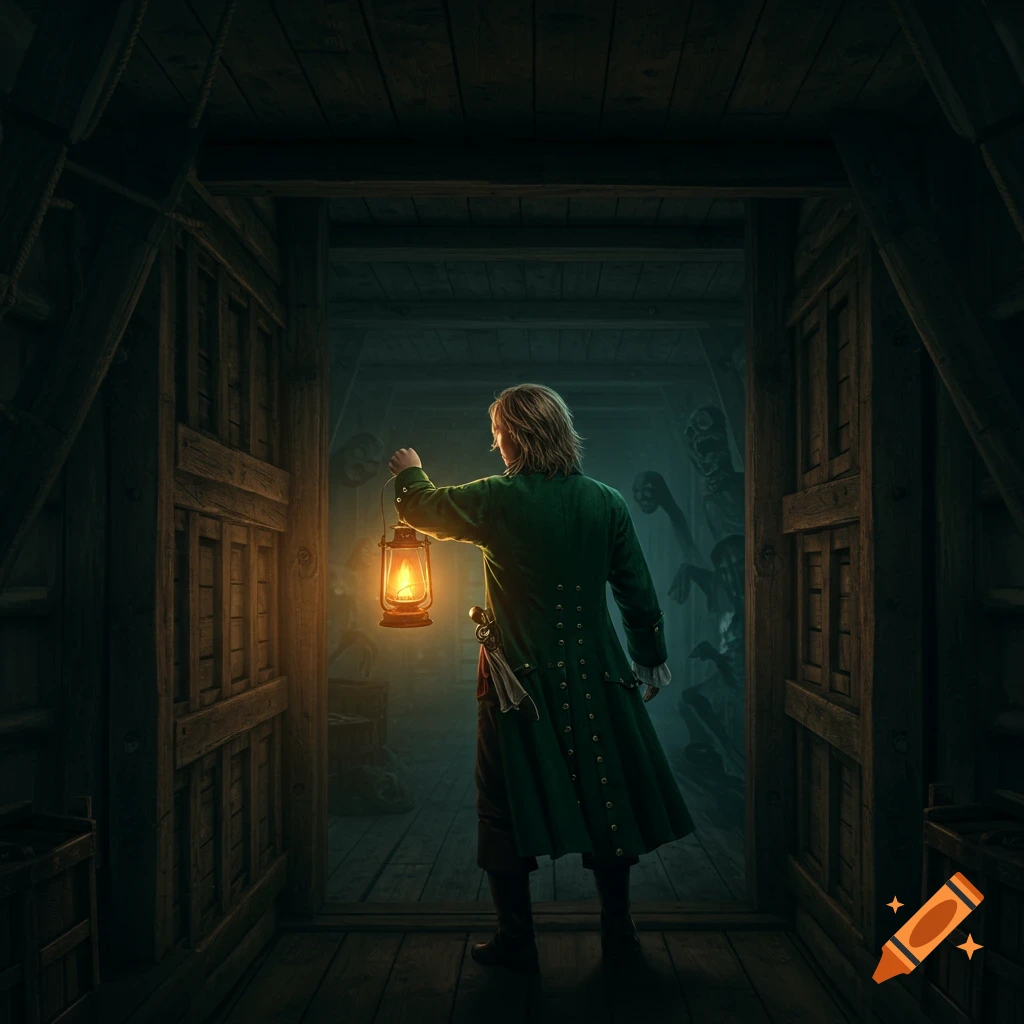 A person in a green coat holds a lantern, looking into a dark, spooky wooden ship hull with shadowy figures.