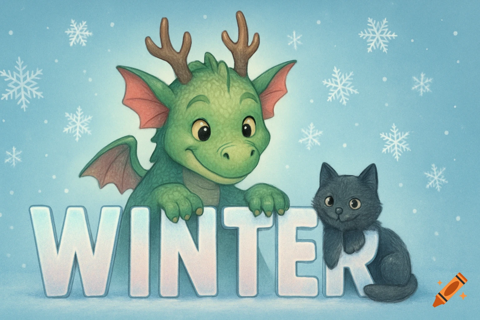 A friendly green dragon and a small black cat lean on the word 'WINTER' against a snowy blue background in digital art.