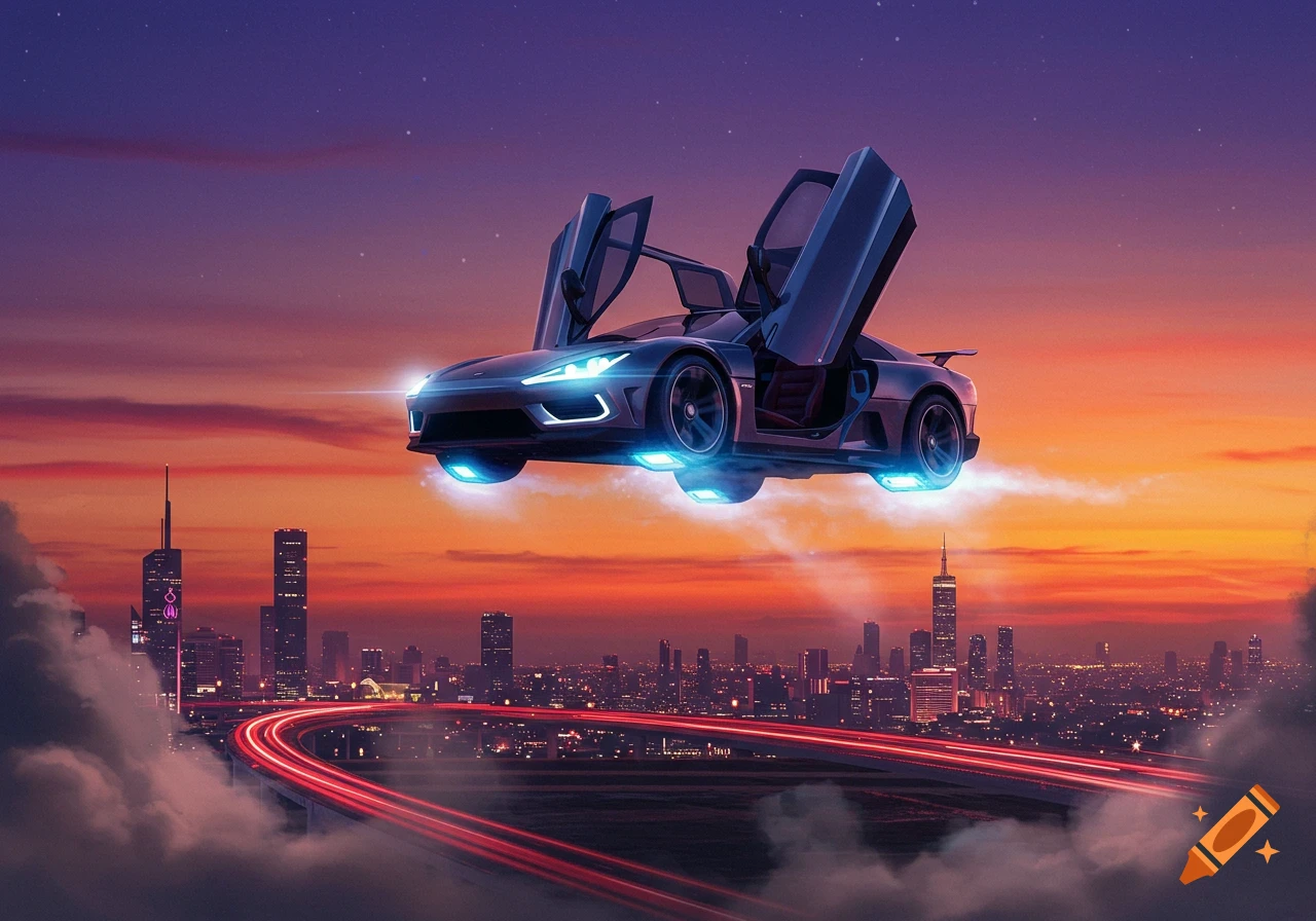 Futuristic black flying car with glowing blue accents and open doors hovers above a city skyline at sunset with red light trails.