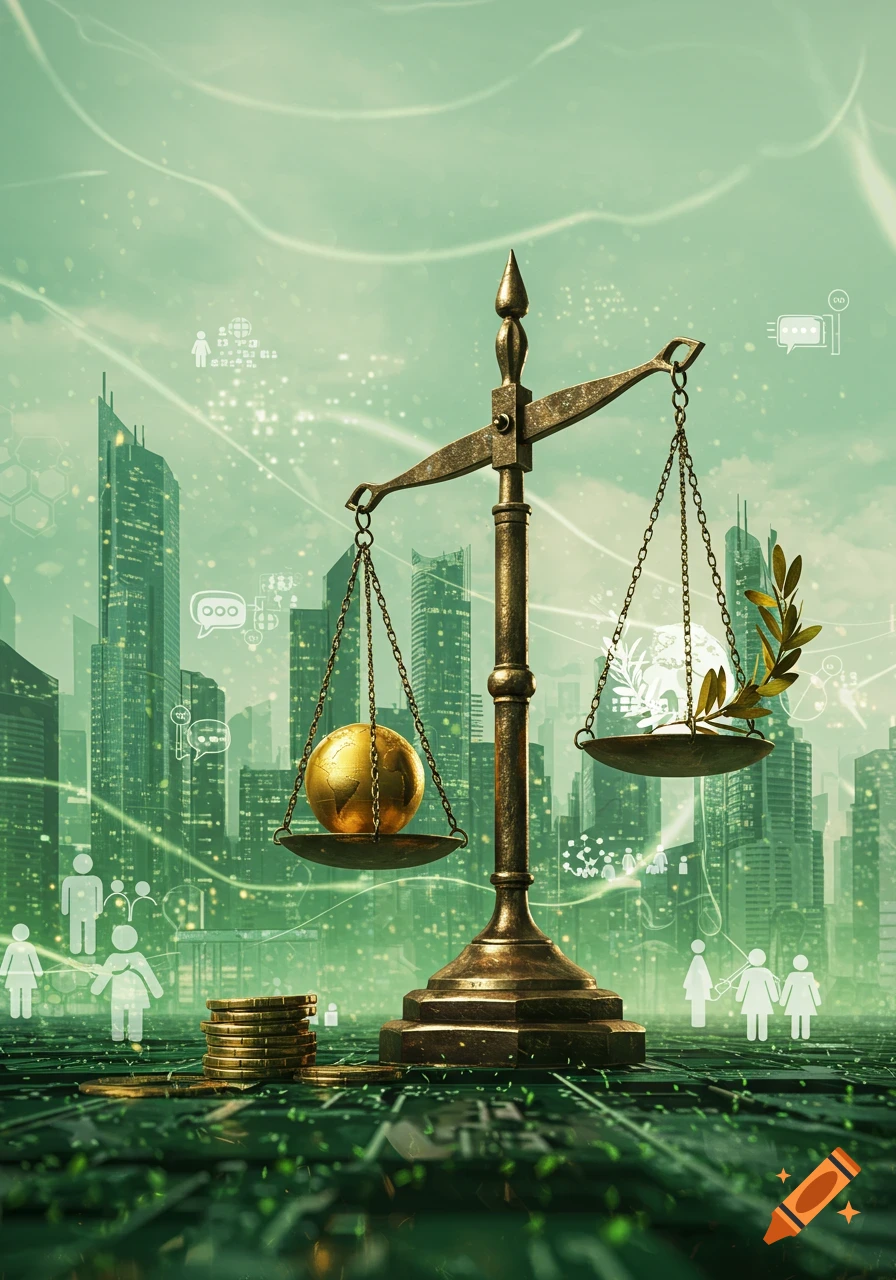 Digital art of scales balancing a golden globe and an olive branch, set against a green futuristic cityscape with data overlays and human icons.