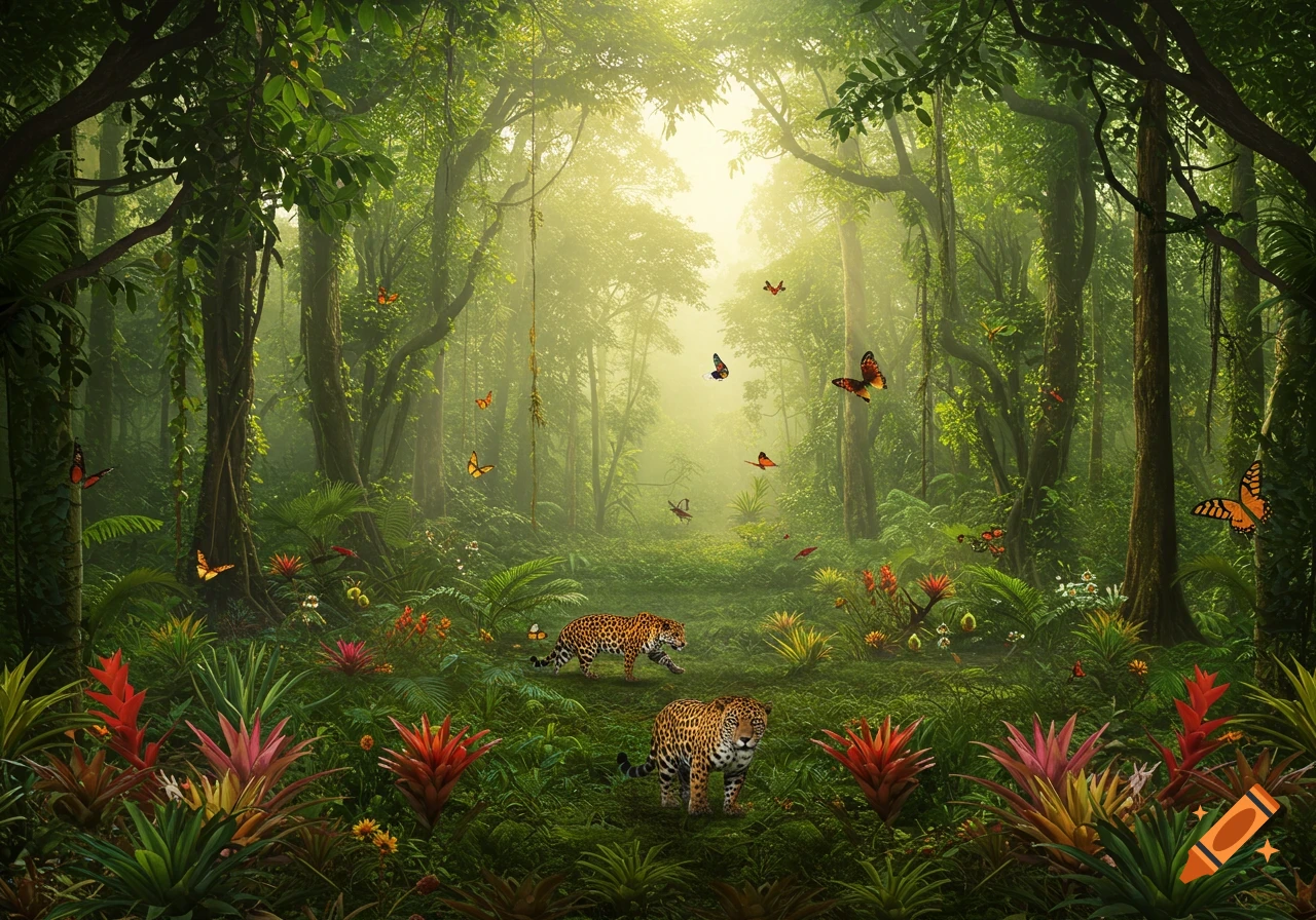 Two jaguars prowl through a lush, vibrant rainforest under dappled sunlight, surrounded by exotic plants and flying butterflies.