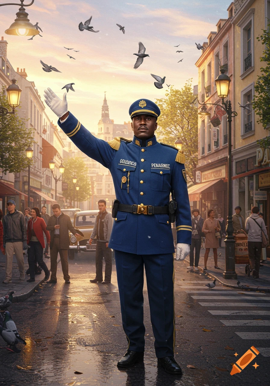 A dark-skinned police officer in a blue uniform raises his hand in a bustling city street at sunset, with pigeons flying overhead and wet reflections on the ground.
