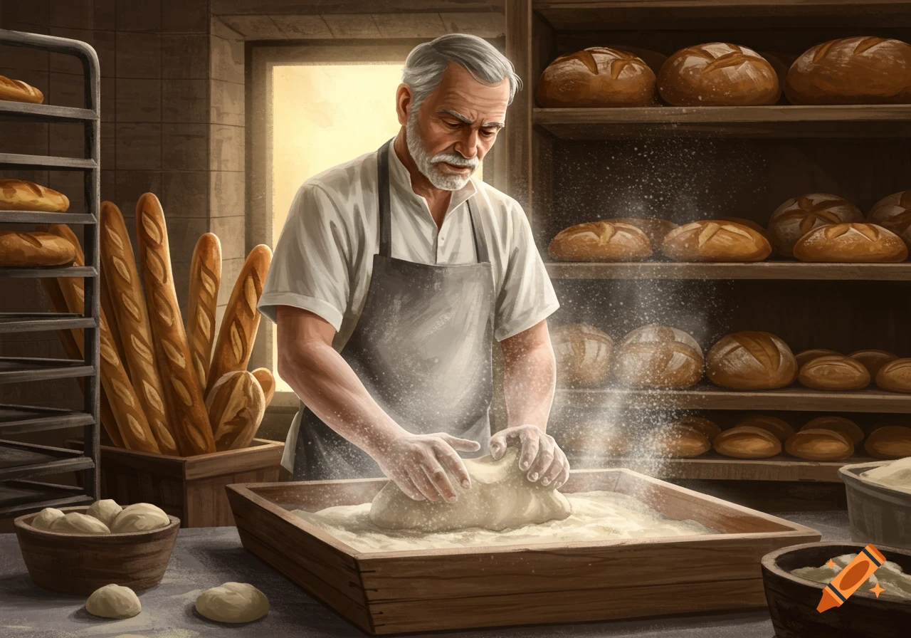 An elderly baker kneads dough in a rustic bakery, surrounded by shelves of fresh bread and flour in a photorealistic style.