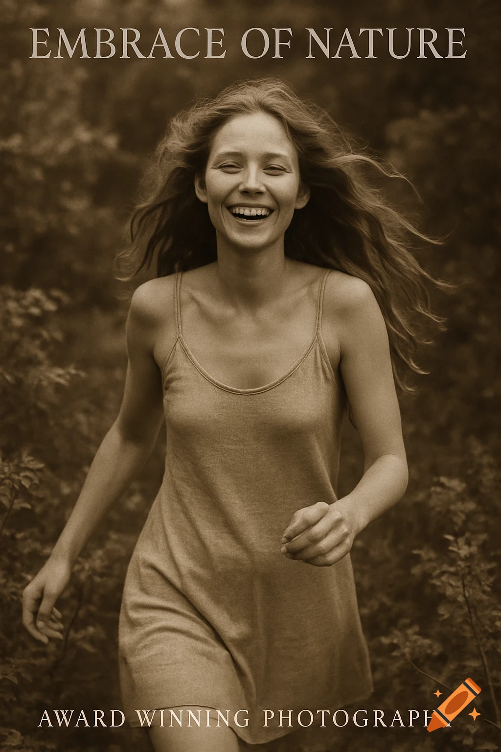 Sepia-toned portrait of a smiling young woman with long, flowing hair running through a lush natural setting.
