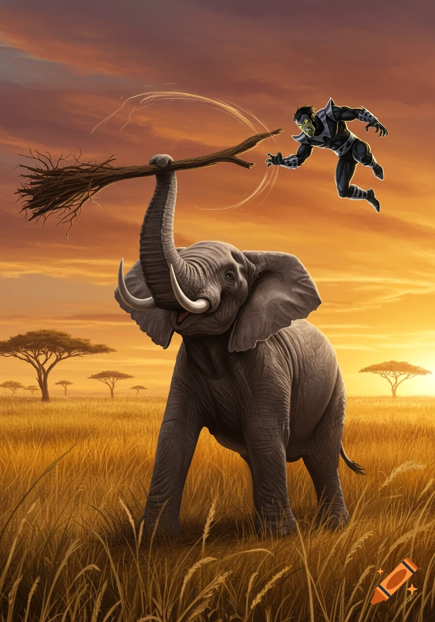 A powerful African elephant swings a tree branch at Marvel's Mojo in a savanna sunset, comic art style.