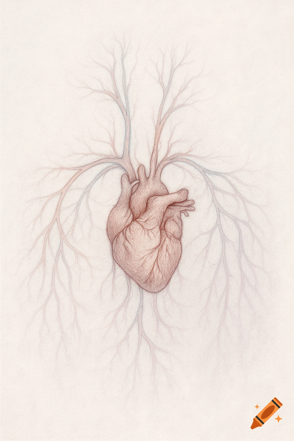 A stylized drawing of a human heart with branches extending upwards and downwards like a tree or circulatory system, on a light background.