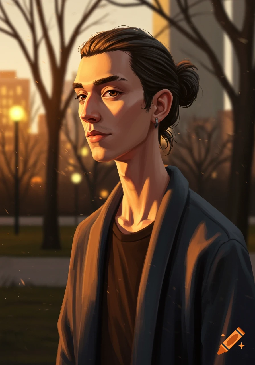 Stylized illustration of a man with a man bun, looking left in warm sunset light in an urban park.