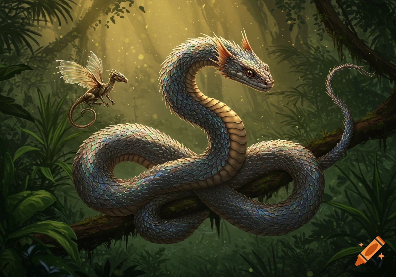 A large iridescent dragon coiled on a jungle branch, with a small winged dragon flying nearby. Detailed fantasy art.