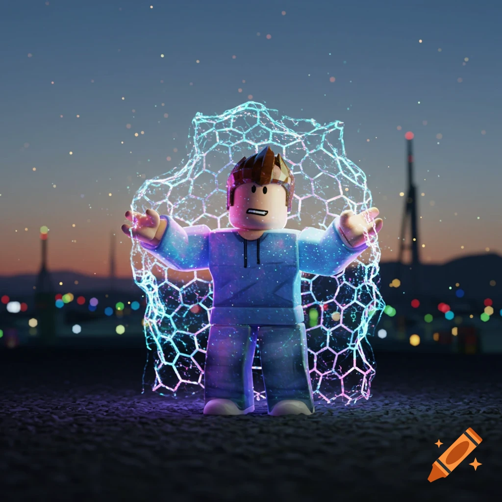A 3D rendered Roblox character stands outdoors at dusk, encased in a glowing blue and purple hexagon-patterned forcefield.