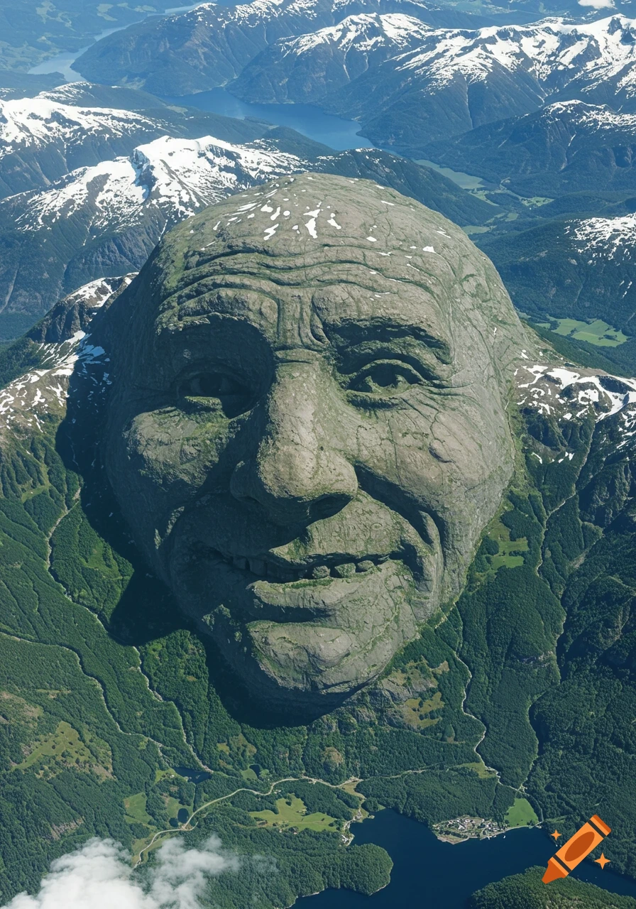 Aerial view of a giant photorealistic face sculpted into a mountain, surrounded by snow-capped peaks, green valleys, and lakes.
