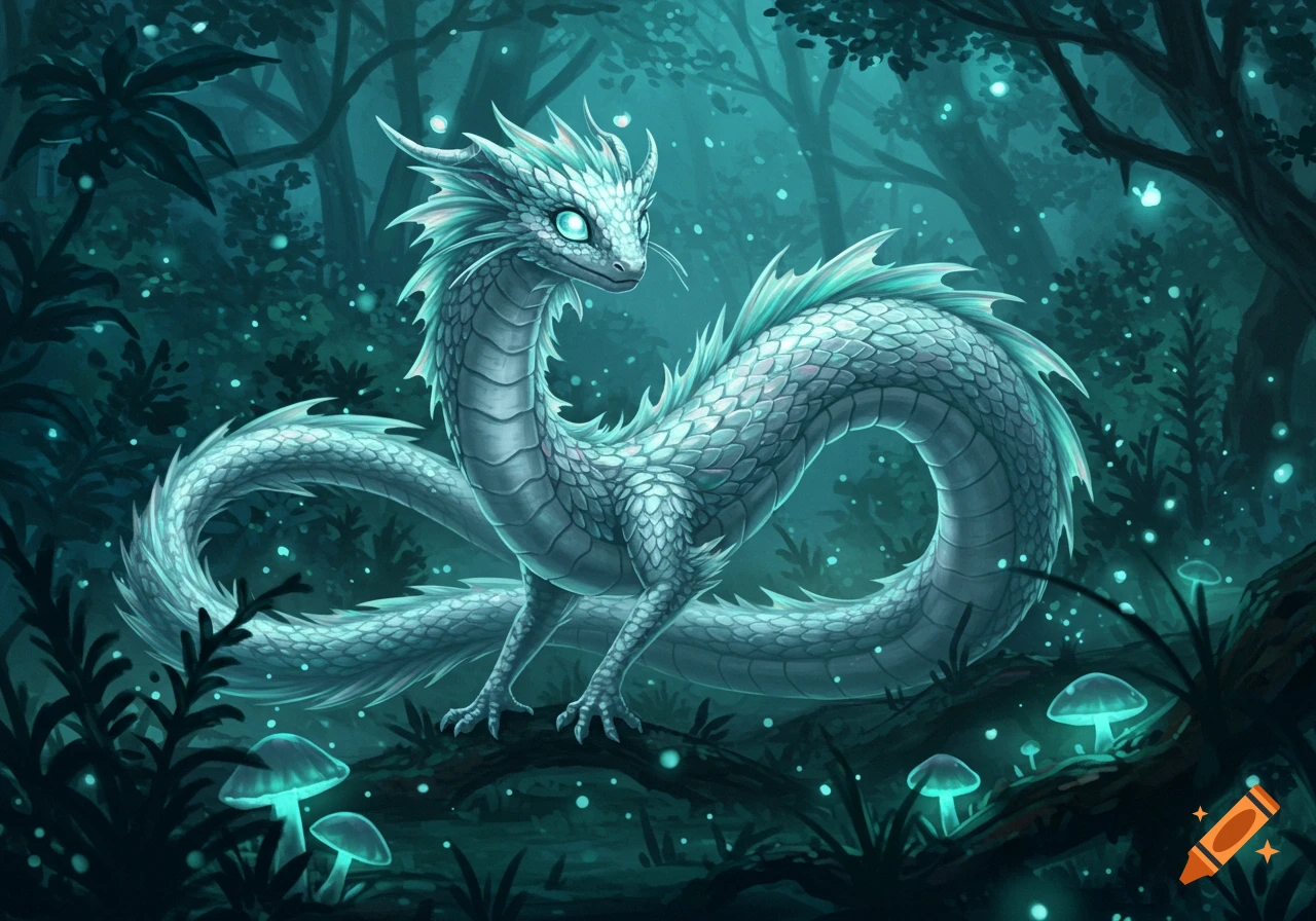 A white fantasy dragon with glowing eyes sits in a dark, magical forest with glowing mushrooms and lights.