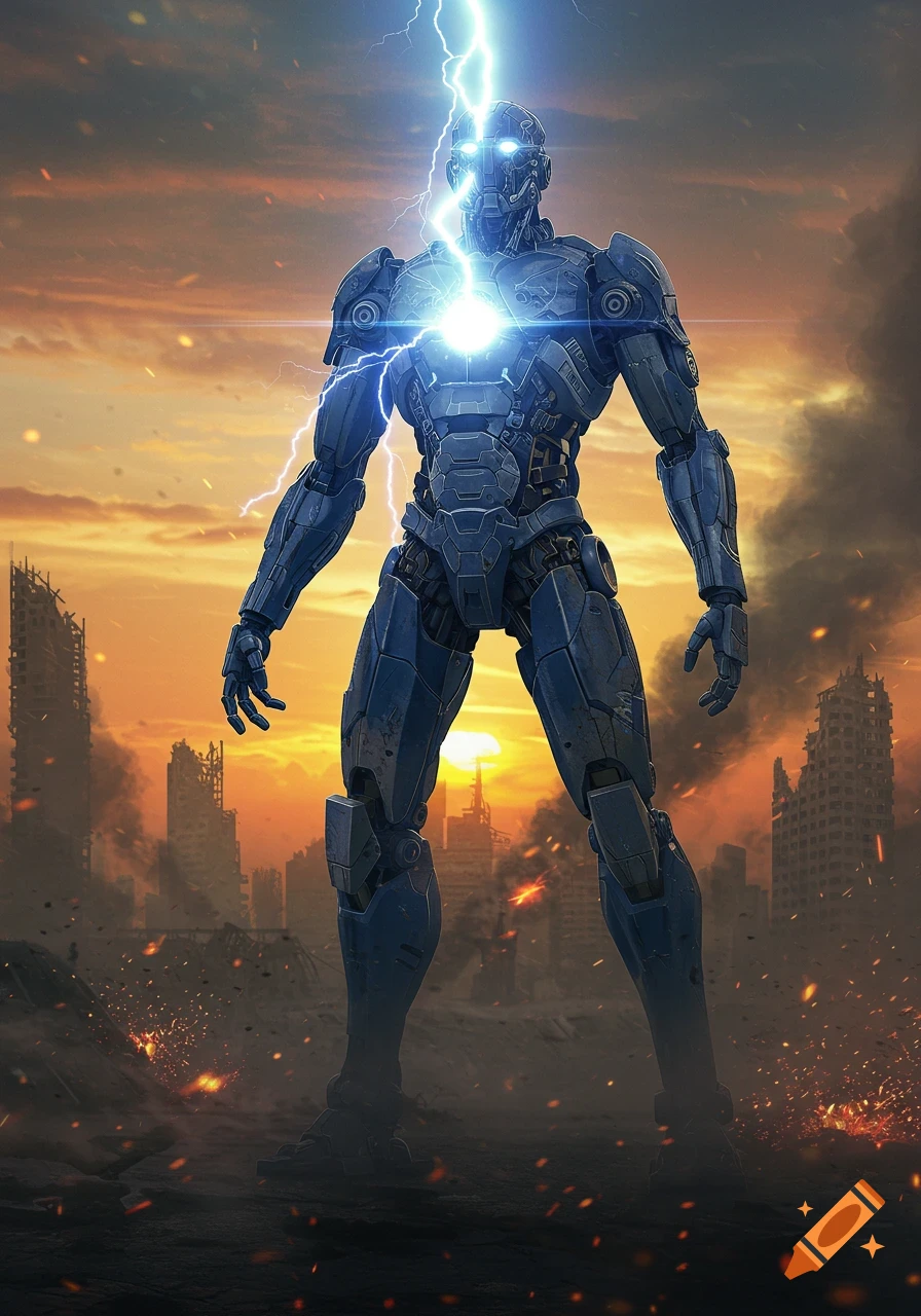 A towering blue robot stands in a destroyed city as lightning strikes its head and chest at sunset.