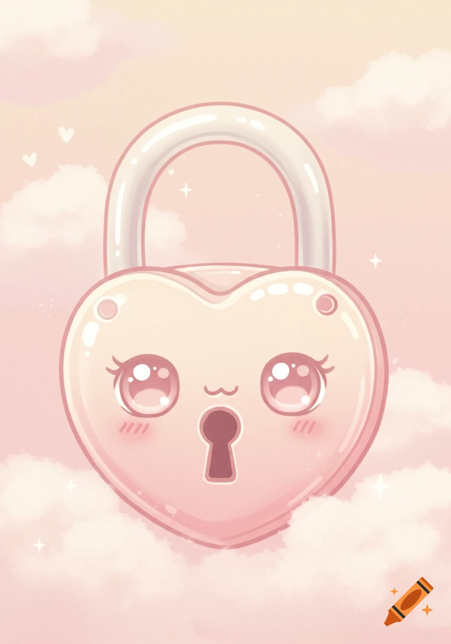 A cute, kawaii heart-shaped padlock with a sweet face floats on soft pink clouds, in a pastel cartoon illustration style.