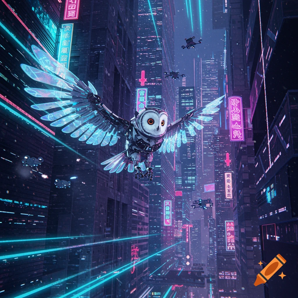 A detailed cyborg owl with glowing blue wings flies through a neon-lit cyberpunk city at night, with towering skyscrapers and flying drones.