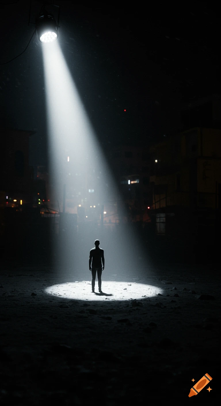 A lone human silhouette stands directly under a bright spotlight in a dark, moody urban street scene.