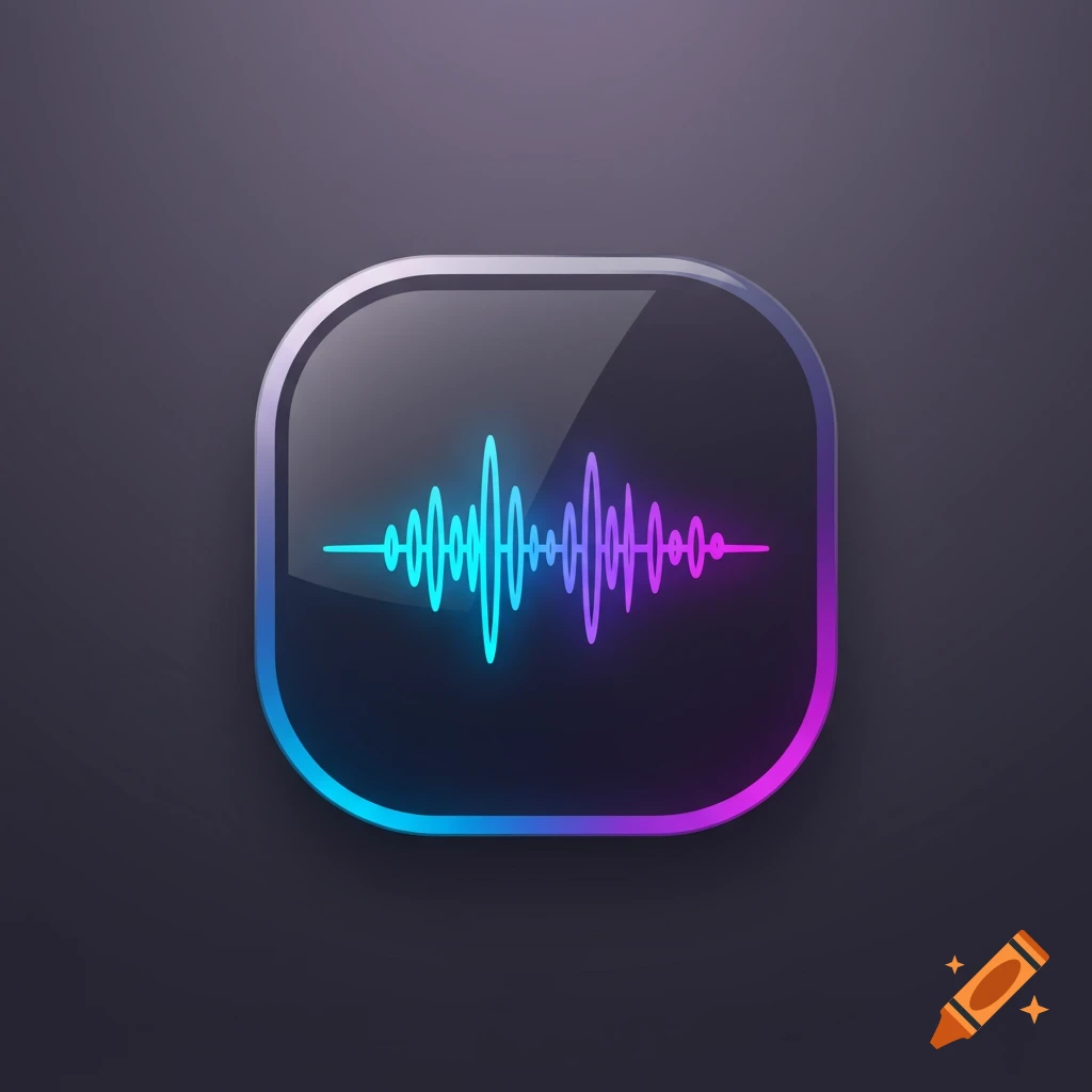 A glossy rounded square app icon features a glowing blue and purple sound wave on a dark background.