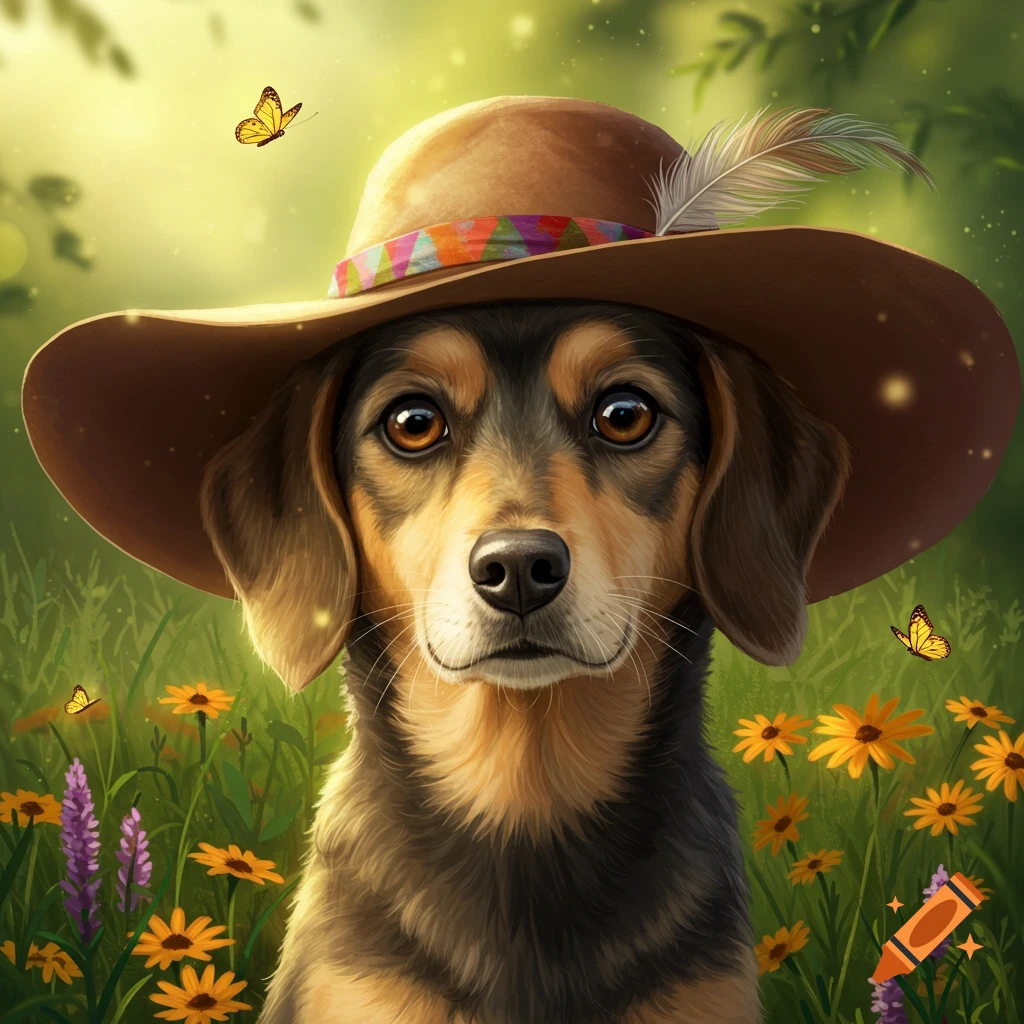 A cute brown and black dog wears a floppy brown hat with a feather and colorful band, sitting in a field of yellow and purple flowers with butterflies.