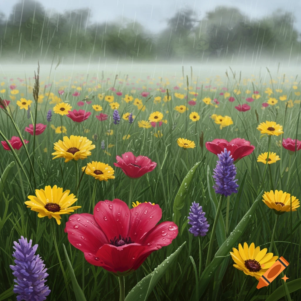 A vibrant meadow of red, yellow, and purple wildflowers under a light rain, with dewdrops on petals.