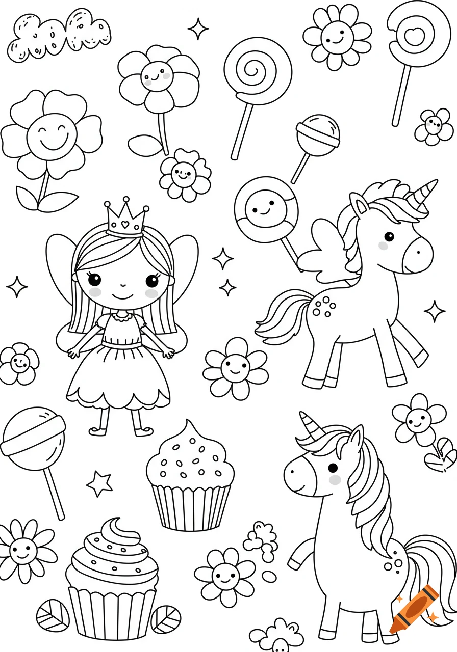 A black and white line drawing for a coloring book, featuring a princess, a fairy, unicorns, cupcakes, flowers, and lollipops in a cartoon style.