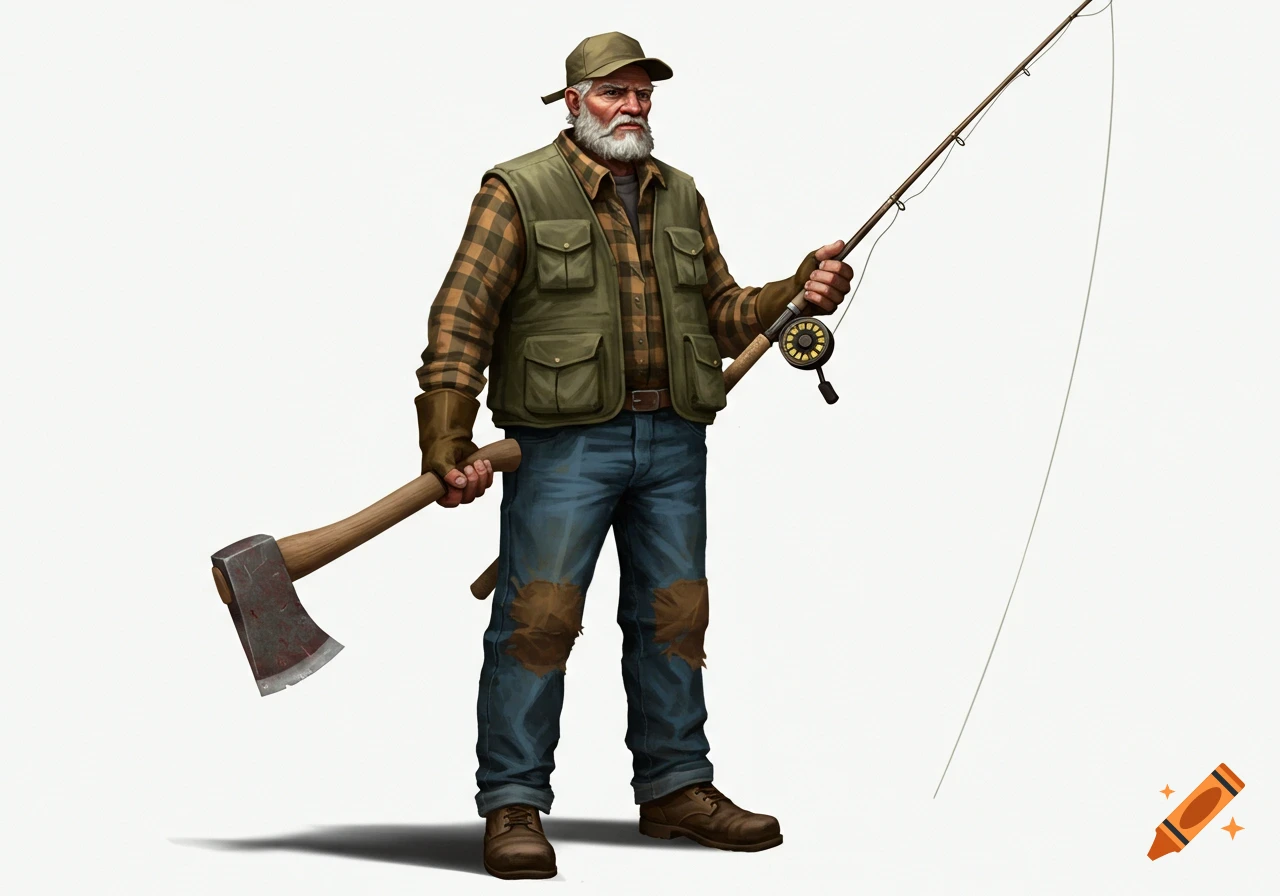 An older bearded fisherman holding an axe in one hand and a fishing rod in the other, wearing a vest and plaid shirt, against a white background.
