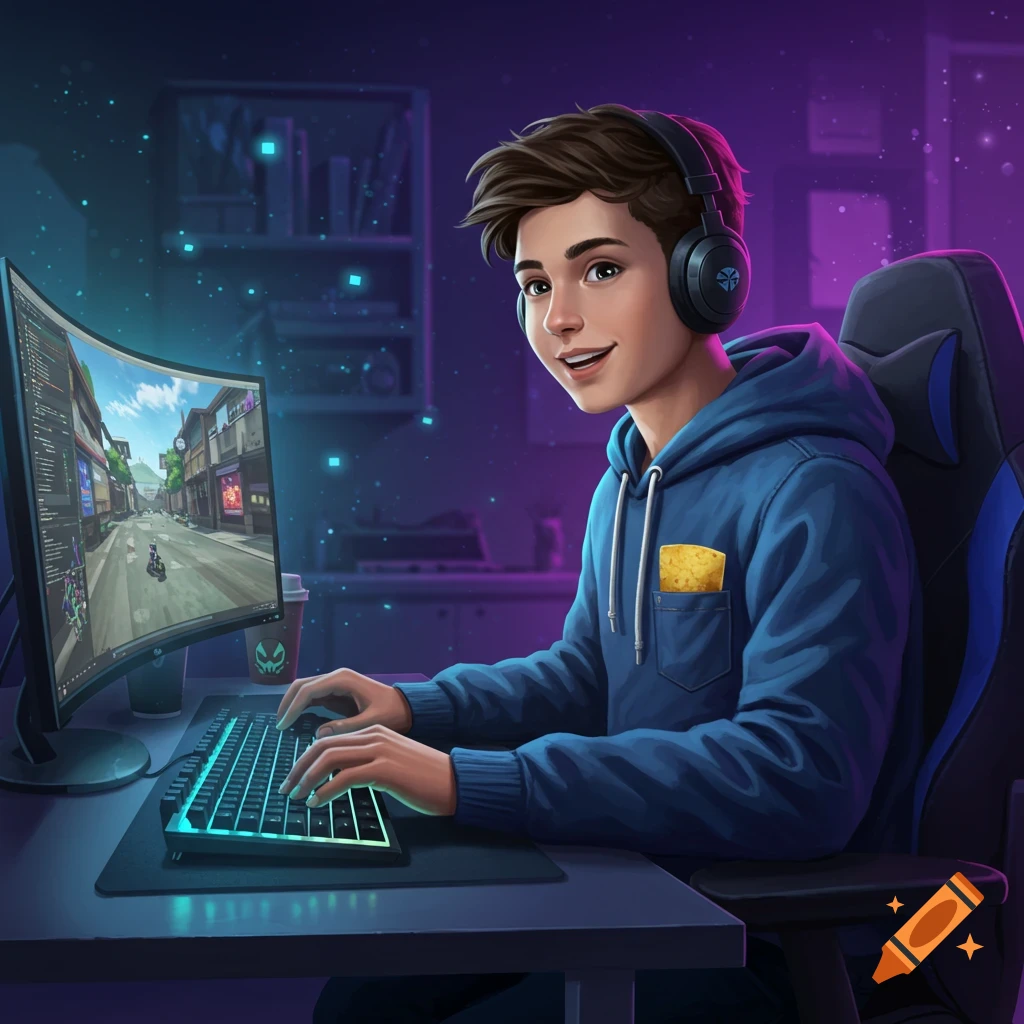 A young man with headphones smiles while playing a video game on a curved monitor in a dimly lit room with purple and blue light effects, a potato chip in his hoodie pocket.