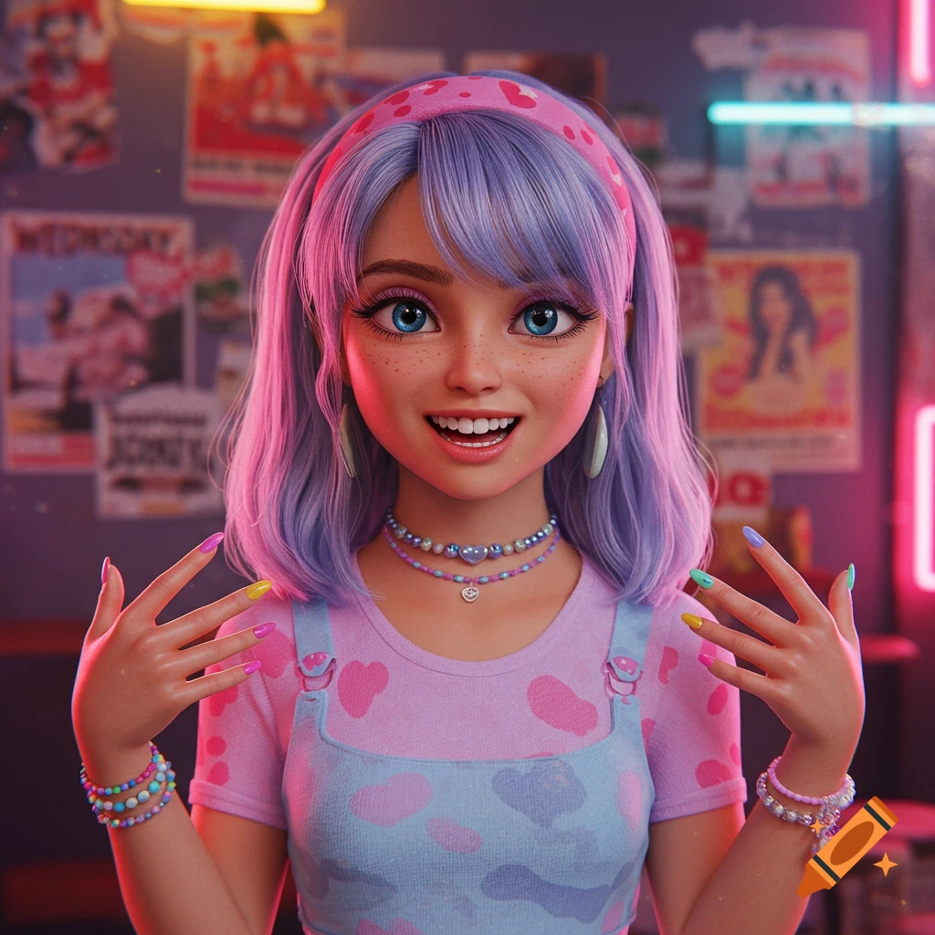 A smiling stylized girl with purple hair, blue eyes, colorful nails, and bead jewelry stands in a neon-lit room.