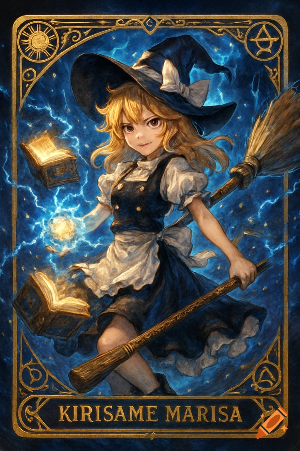 Anime witch, Kirisame Marisa, in a blue dress and hat, holding a broom, surrounded by magical energy and glowing books on a detailed gold-framed trading card.